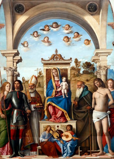 Madonna en Kind op de Troon met Heiligen Catharina, George, Nicolaas, Antonius Abt, Sebastiaan en Lucia door Giovanni Battista Cima da Conegliano