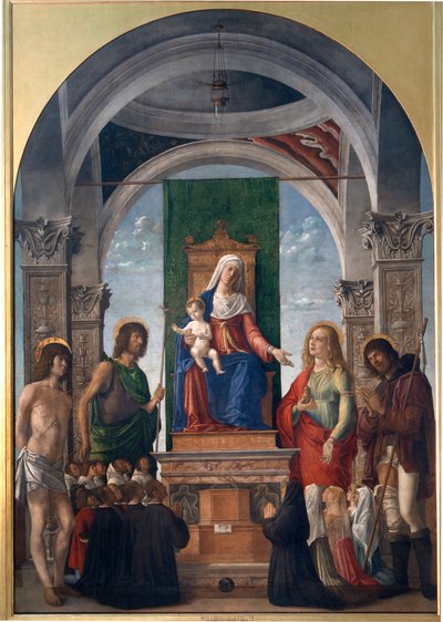 Madonna en Kind op de Troon met St. Sebastiaan, St. Johannes de Doper, St. Maria Magdalena, St. Rochus en Leden van de Broederschap van San Giovanni Evangelista door Giovanni Battista Cima da Conegliano
