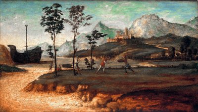 Kustlandschap met twee vechtende mannen door Giovanni Battista Cima da Conegliano