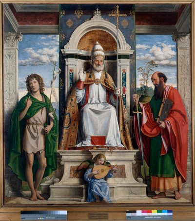 St. Petrus op de troon met St. Johannes de Doper en St. Paulus door Giovanni Battista Cima da Conegliano