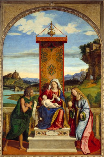 De Maagd heeft een kind tussen Sint Johannes de Doper en Sint Maria Magdalena. door Giovanni Battista Cima da Conegliano