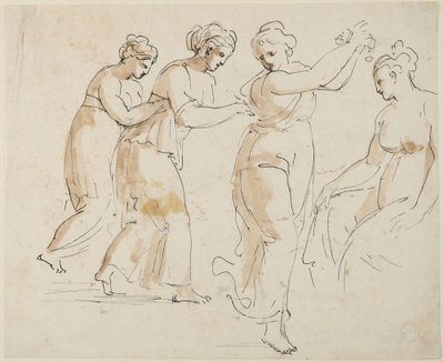 Een zittende en drie dansende nimfen door Giovanni Battista Cipriani