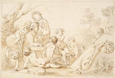 Spelende putti die een sfinx omkransen door Giovanni Battista Cipriani