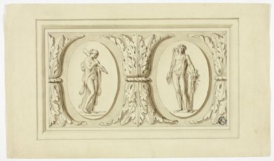 Twee medaillons met staande figuren van Omphale en Bacchus, gescheiden door ontwerp van Acanthusbladeren door Giovanni Battista Cipriani