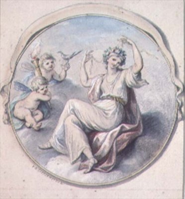 Venus bindt haar haar met een krans, bijgestaan door Cupido
