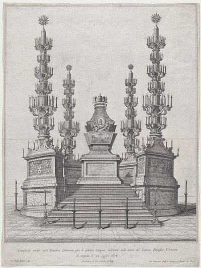Catafalque voor Paus Clemens X, centrale structuur bovenaan een vijftien treden platform, 1676 door Giovanni Battista Falda