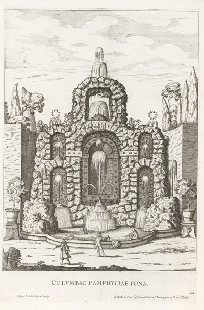 Fontein met duiven in de tuinen van Villa Doria Pamphilj te Rome door Giovanni Battista Falda