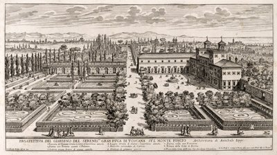 Perspectief van de tuinen van Villa Medici in Rome, gravure uit 