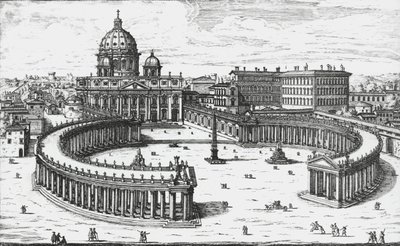 Vaticaanstad, Uitzicht op Piazza San Pietro met de Sint-Pietersbasiliek en de Vaticaanse paleizen, gravure door Giovanni Battista Falda. 1665 door Giovanni Battista Falda