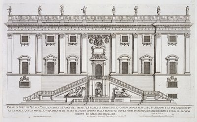 Gezicht op de gevel van Palazzo Senatorio op Piazza del Campidoglio, Rome, begonnen door Michelangelo Buonarroti en voltooid door Girolamo Rainaldi door Giovanni Battista Falda