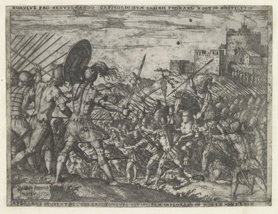 Het leger van Romulus in gevecht met de Sabijnen door Giovanni Battista Fontana