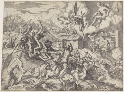 Soldaten van Aeneas vechten met dienaren van koning Latinus door Giovanni Battista Fontana