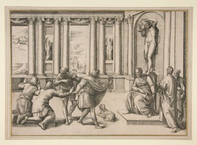 Man zittend onder een standbeeld van Bacchus, ontvangt een publiek door Giovanni Battista Franco (called Il Semolei)