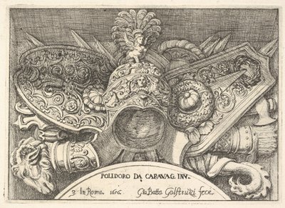 Plaat 3: trofeeën van Romeinse wapens van decoraties boven de ramen op de tweede verdieping van ..., 1656 door Giovanni Battista Galestruzzi