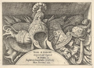 Plaat 5: trofeeën van Romeinse wapens van decoraties boven de ramen op de tweede verdieping door Giovanni Battista Galestruzzi