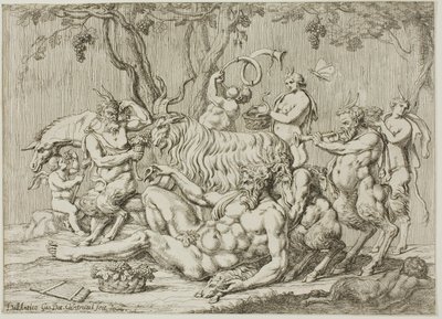 Silenus liggend met geiten en saters door Giovanni Battista Galestruzzi
