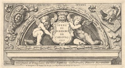 Titelplaat voor serie prenten naar Poloidoro, titel op een schild ondersteund door twee putti, 1658 door Giovanni Battista Galestruzzi