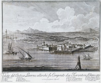 Uitzicht op de haven van Livorno toen het werd gekocht door de Florentijnen in 1421, gravure uit Collectie van beste uitzichten van Stad en Haven van Livorno door Giovanni Battista Guerazzi