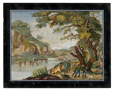 Een Italiaanse micromozaïek afbeelding van een jachtpartij in een rivierlandschap door Giovanni Battista Luchini