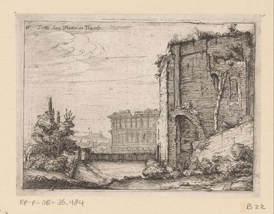 Ruïnes van antiek bouwwerk en het Colosseum te Rome door Giovanni Battista Mercati