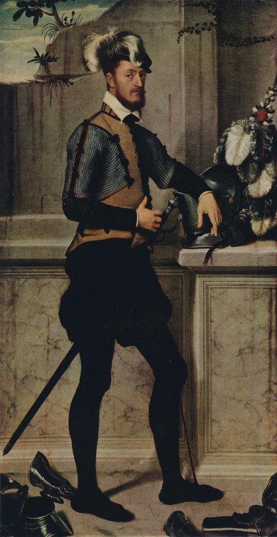 Een ridder met zijn steekhelm door Giovanni Battista Moroni