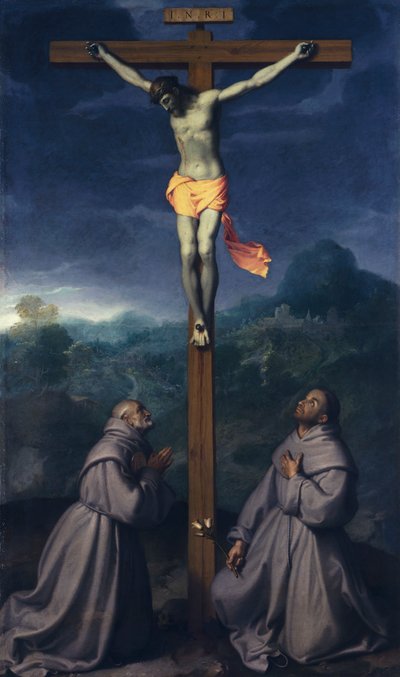 Kruisiging met heiligen Bernardino en Antonius van Padua door Giovanni Battista Moroni