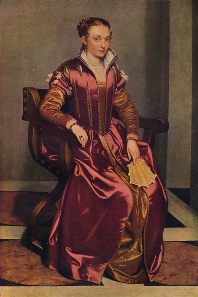 Portret van een dame La Dama in Rosso, ca. 1556 door Giovanni Battista Moroni