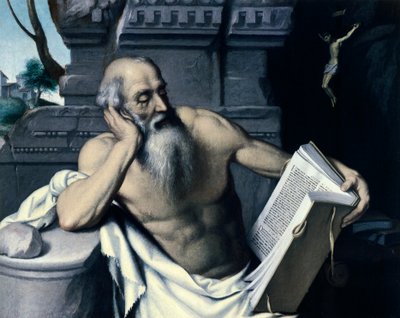 Sint Hiëronymus mediterend of lezend door Giovanni Battista Moroni