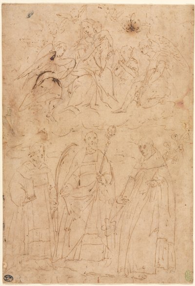 Madonna en Kind in Glorie boven drie heiligen, ca. 1570 door Giovanni Battista Paggi