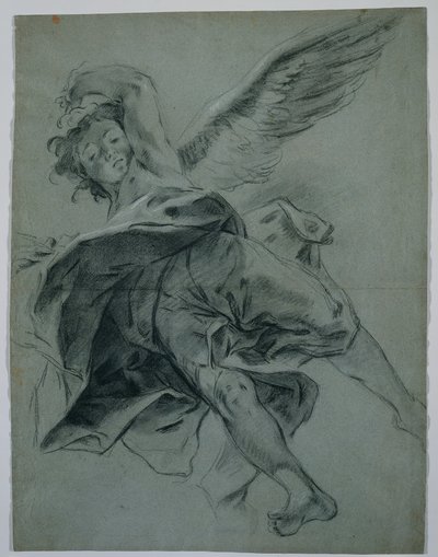 Een vliegende engel (recto); Studies van handen die instrumenten bespelen (verso) door Giovanni Battista Piazzetta