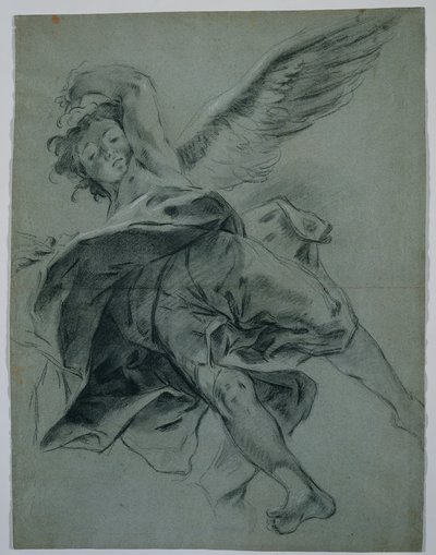 Een Vliegende Engel recto, Studies van Handen die Instrumenten Bespelen verso, 1723-1727 door Giovanni Battista Piazzetta