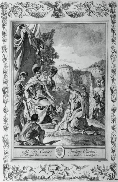Armida voor Goffredo, gravure, door Giovanni Battista Piazzetta voor Canto III van Jeruzalem Bevrijd, door Torquato Tasso, uitgegeven door Giovanni Battista Albrizzi, Venetië, Italië door Giovanni Battista Piazzetta