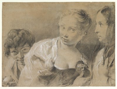 Jongen met een ei, meisje met een hen en een toekijkende vrouw door Giovanni Battista Piazzetta