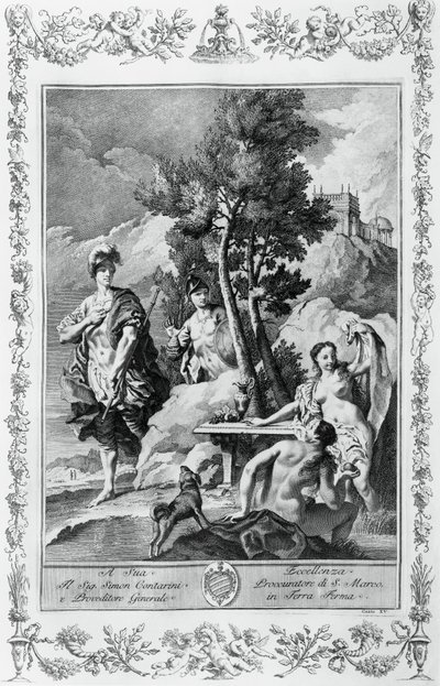 Carlo en Ubaldo op Gelukkige Eilanden, gravure, door Giovanni Battista Piazzetta voor Canto XV van Jeruzalem Bevrijd, door Torquato Tasso, Giovanni Battista Albrizzi editie, Venetië, Italië door Giovanni Battista Piazzetta