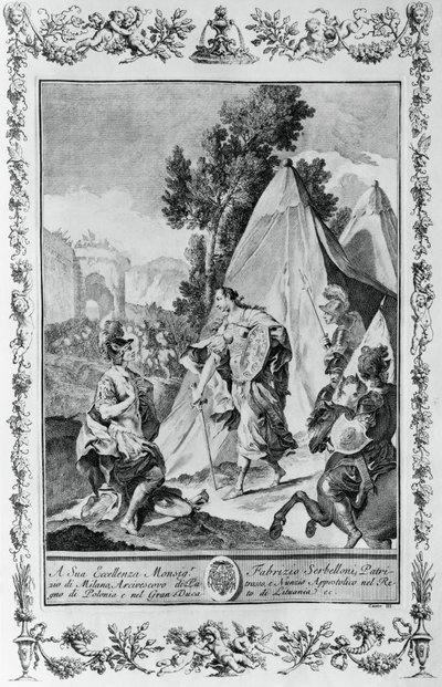 Kruisvaarders bij het Beleg van Jeruzalem, gravure voor Canto III van Jeruzalem Bevrijd, door Torquato Tasso, uitgegeven door Giovanni Battista Albrizzi, Venetië, Italië door Giovanni Battista Piazzetta