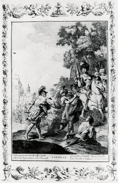 Duel tussen Ottone en Tancredi in aanwezigheid van Clorinda, canto VI, Jeruzalem bevrijd door Giovanni Battista Piazzetta