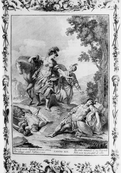 Erminia komt de gewonde Tancredi tegen, Canto XIX, Jeruzalem bevrijd door Giovanni Battista Piazzetta