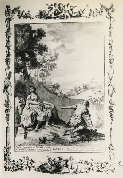 Jeruzalem Bevrijd, canto XII, illustratie door Giovanni Battista Piazzetta (1683-1754) voor gedicht van Torquato Tasso (1544-1595), editie gepubliceerd in Venetië in 1745, Italië door Giovanni Battista Piazzetta