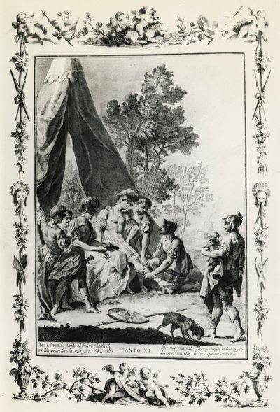 Jeruzalem Bevrijd, canto XI illustratie door Giovanni Battista Piazzetta (1683-1754) voor gedicht van Torquato Tasso (1544-1595), editie gepubliceerd in Venetië in 1745, Italië door Giovanni Battista Piazzetta