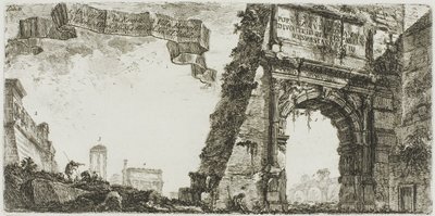 1. Boog van Titus. 2. Villa Farnese. 3. Zuilen van de Tempel van Jupiter Stator. 4. Boog van Septimius Severus. 5. Tempel van Vrede, plaat zes uit Enkele uitzichten van triomfbogen en andere monumenten door Giovanni Battista Piranesi