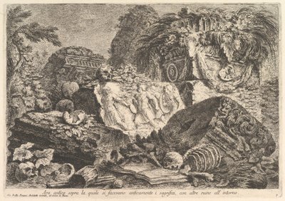 Oud Altaar waarop in de oudheid offers werden gebracht, omringd door andere ruïnes door Giovanni Battista Piranesi