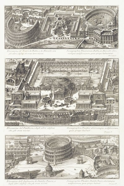 Vogelvluchtweergaven van: de Balbo en Marcello Theaters, het Pantheon en omgeving, en het Statilio Tauro Amfitheater door Giovanni Battista Piranesi