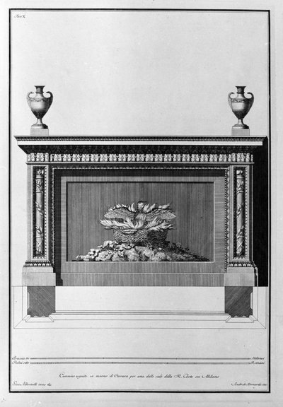 Carrara marmeren schoorsteen project voor een Milanese woonkamer. Tekening door Giovanni Piranesi (1720-1778). door Giovanni Battista Piranesi