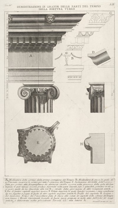 Kroonlijst en kolom van de Tempel van Fortuna Virilis Tempio della Fortuna Virile, uit ..., 1756 door Giovanni Battista Piranesi