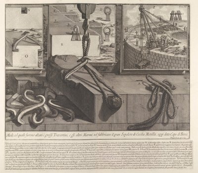 Demonstratiepaneel dat techniek toont voor het heffen van travertijn- en marmerblokken voor de bouw door Giovanni Battista Piranesi