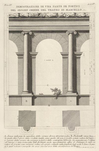 Opstand en plattegrond van de tweede-orde portiek bij het Theater van Marcellus door Giovanni Battista Piranesi