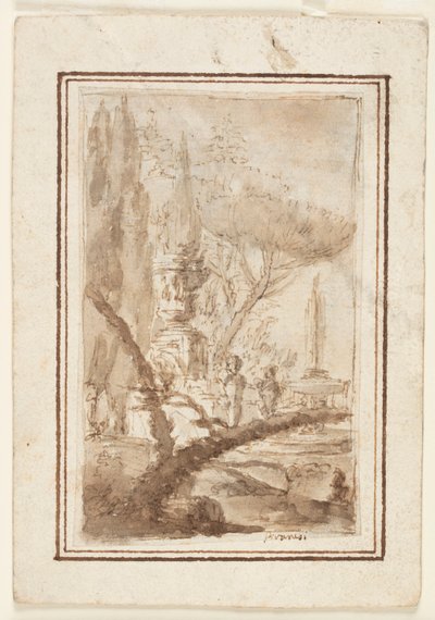Fantasie van een tuin met een monumentale urn, sculpturen en een fontein door Giovanni Battista Piranesi