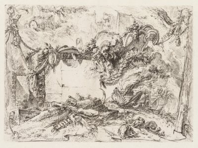 Groteschi: Ruïnes met schedels en een rokende vaas door Giovanni Battista Piranesi