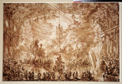 Binnen een paleis: twee vliegende figuren kronen een personage door Giovanni Battista Piranesi