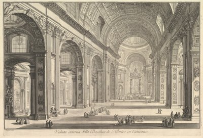 Binnenaanzicht van de Sint-Pietersbasiliek in het Vaticaan, uit Vedute di Roma Romeinse Zichten, ca. 1748 door Giovanni Battista Piranesi